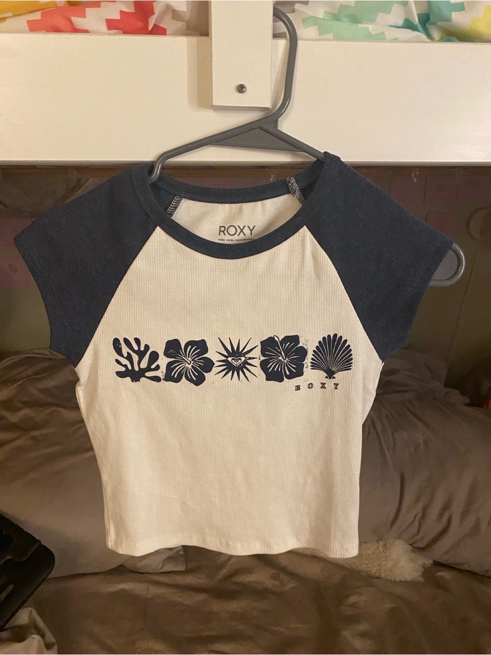 Roxy Two-Tone Raglan Tee in White and Navy